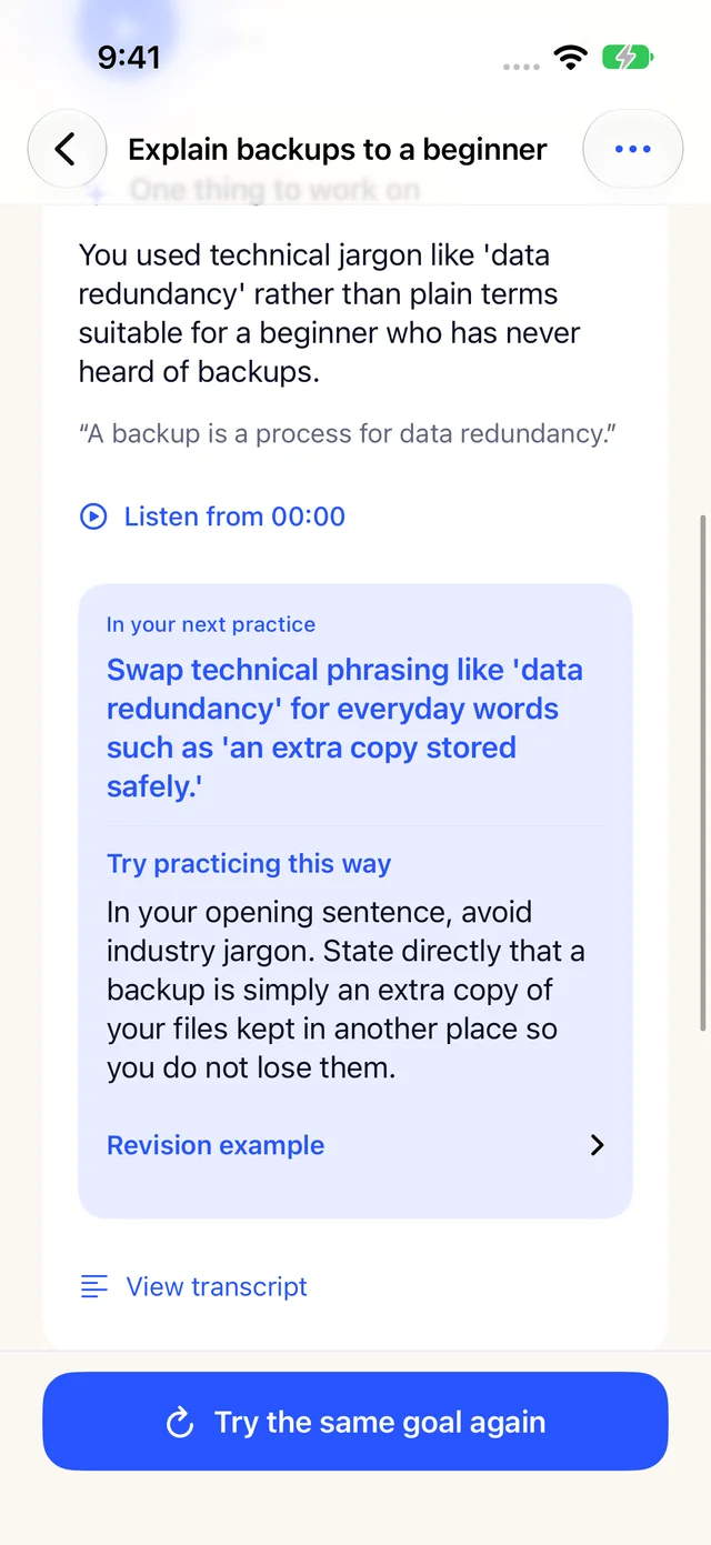 AI feedback with a next practice goal and a revision guide